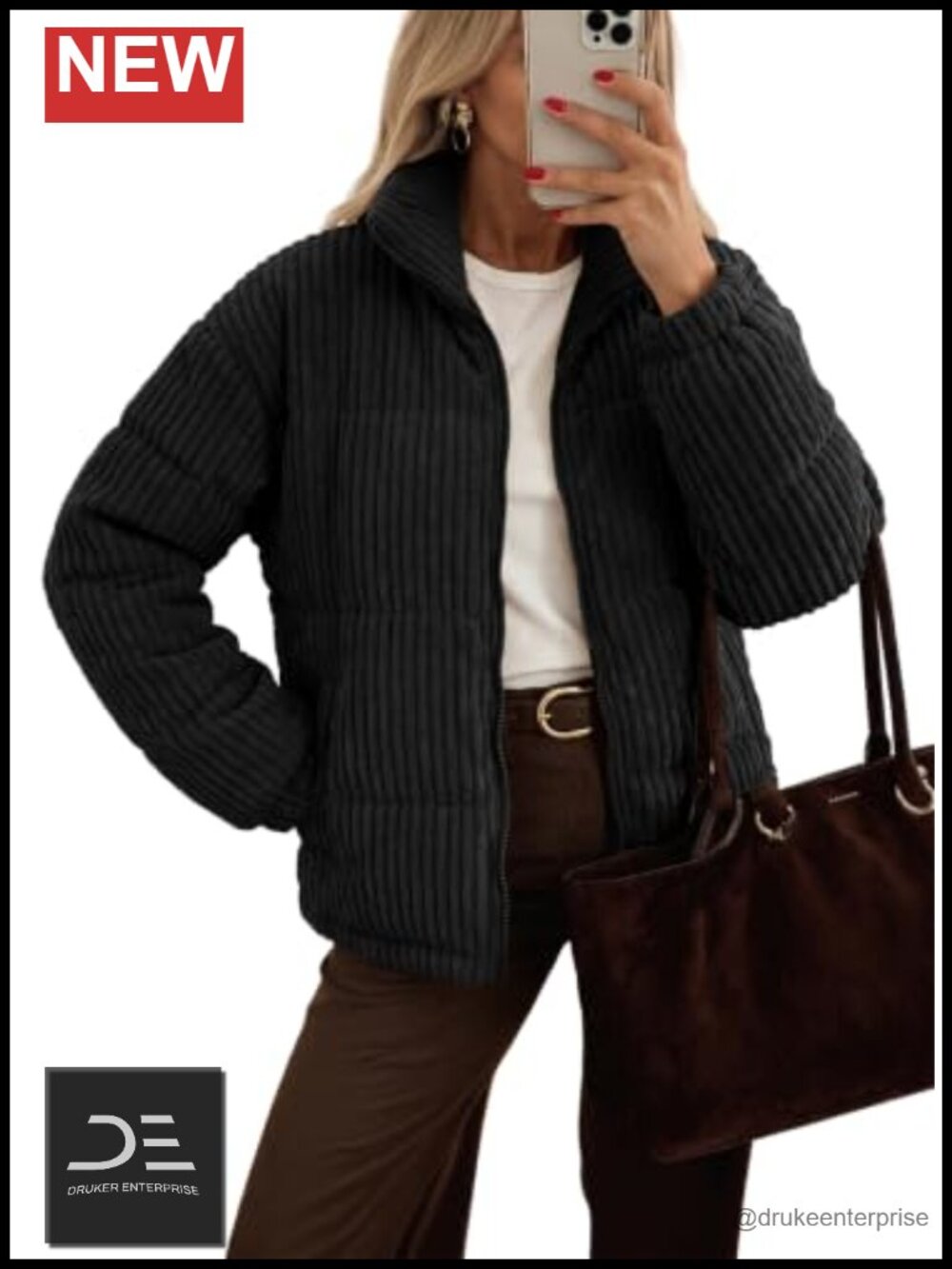 Women's Cropped Quilted Zip Up Jacket Corduroy Stand Collar Winter Coat